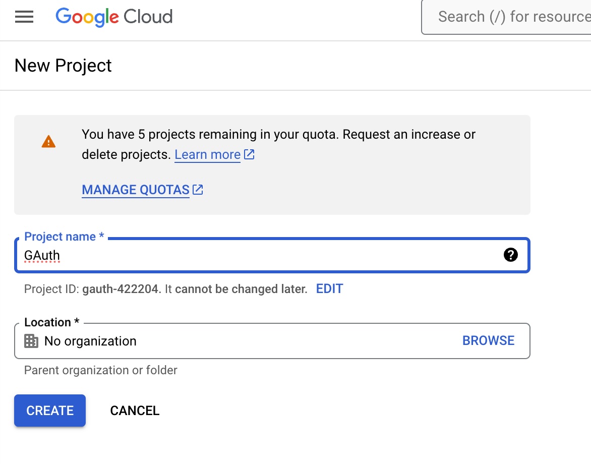 Google create project page