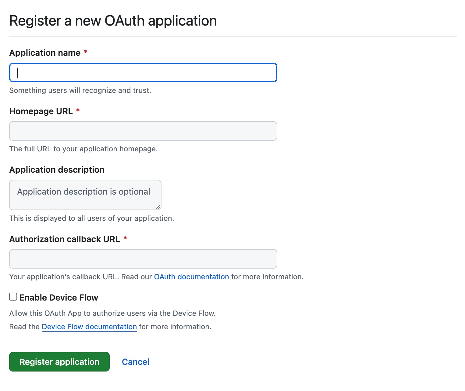 Register Github OAuth Page